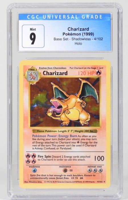 1999 Pokemon Base Shadowless Charizard holographic trading card graded CGC 9 Mint, estimated at $2,000-$3,000.