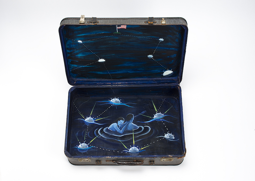 Sandra Ramos, From the Series Migrations II [Swimming under the Stars] series, 1994. Oil on suitcase. Collection of ASU Art Museum. Gift of the ASU Art Museum Advisory Board 100% +Cuban Campaign. Photography by Craig Smith 