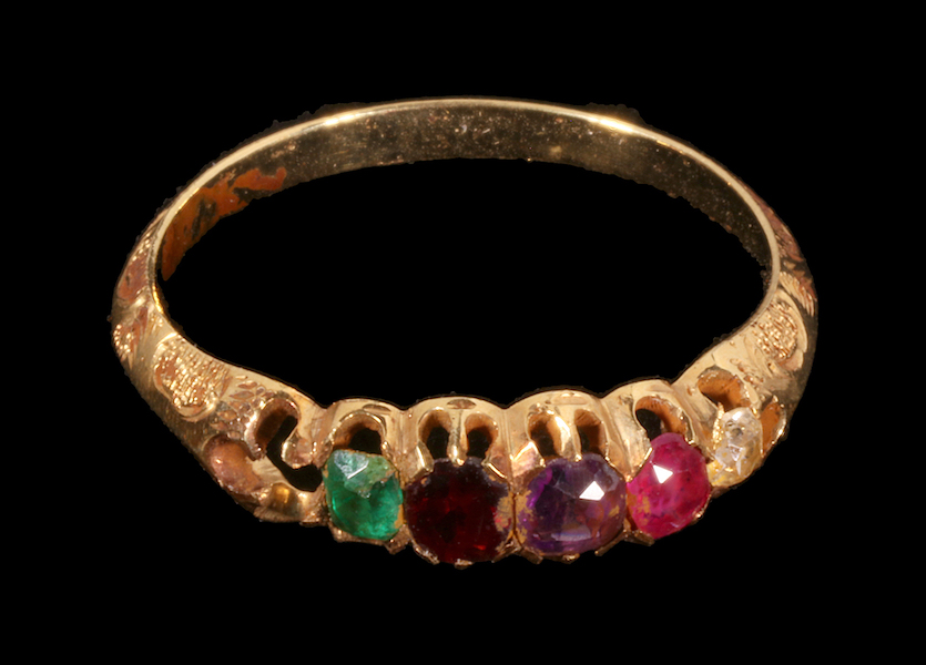 REGARD ring created with gemstones that spell out that word – Ruby (missing), Emerald, Garnet, Amethyst, Ruby, and Diamond – recovered from the S.S. Central America, estimated at $1,000-$20,000. Photo credit Holabird Western Americana Collections