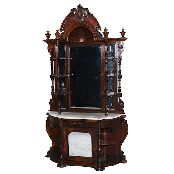 Rosewood etagere with hooded console, estimated at $5,000-$8,000