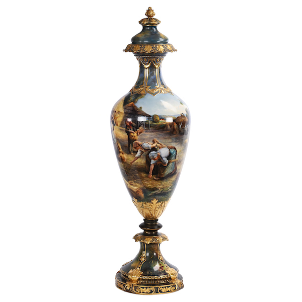Three-piece palace urn marked Royal Bonn, completely hand-painted with a village harvest scene and gold highlights, artist signed, estimated at $4,000-$6,000