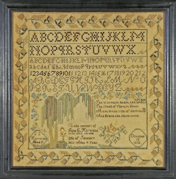 1832 memorial sampler stitched by eight-year-old S.S. Hayward, estimated at $3,500-$4,000 