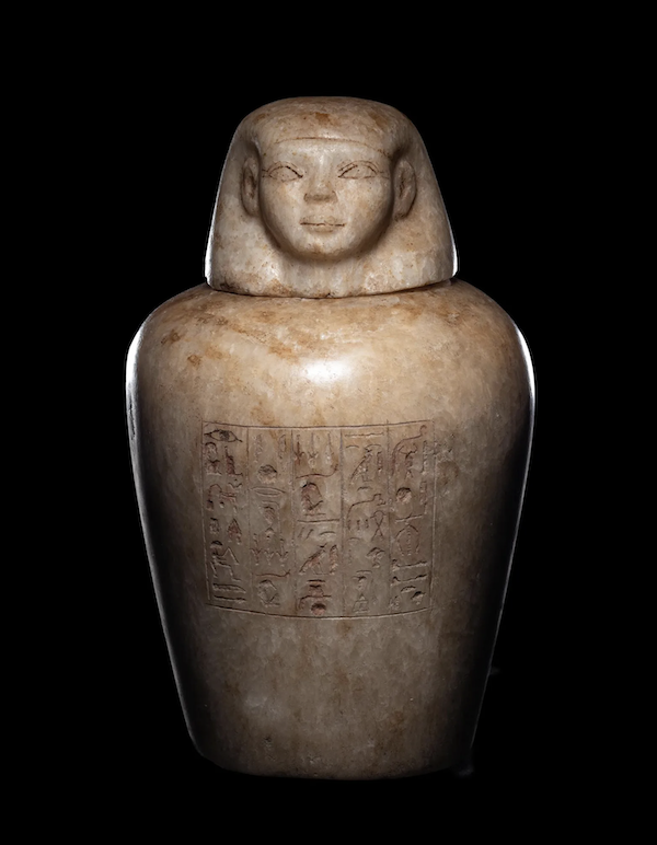 An Egyptian alabaster canopic jar, a vessel used to store and preserve a mummy’s internal organs, achieved $70,000 plus the buyer’s premium in November 2012. Image courtesy of Hindman and LiveAuctioneers