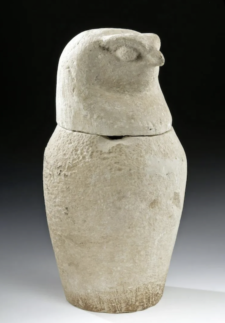 This ancient Egyptian limestone canopic jar carved with a falcon-head lid earned $5,500 plus the buyer’s premium in September 2019. Image courtesy of Artemis Gallery and LiveAuctioneers