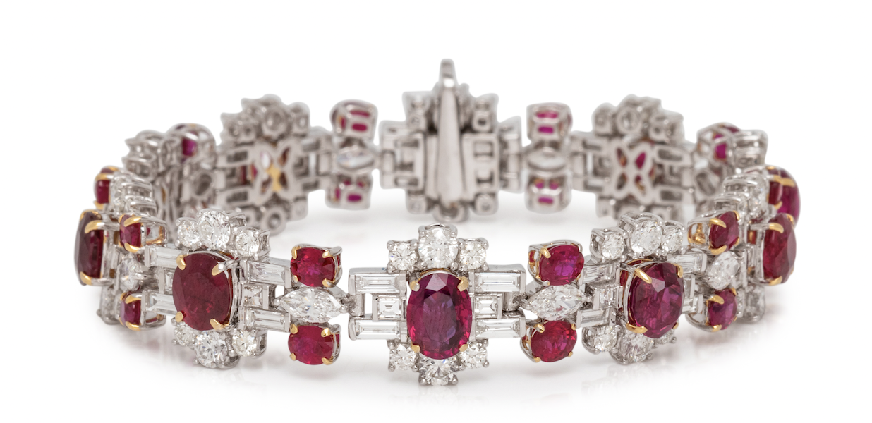 Burmese ruby and diamond bracelet, estimated at $45,000-$65,000. Image courtesy of Hindman