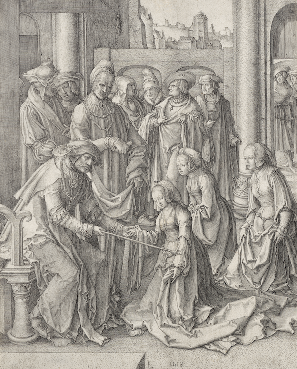 Lucas van Leyden (Netherlandish, about 1494–1533), ‘Esther before Ahasuerus,’ 1518, engraving on cream laid paper (state I of III), Plate: 10 5/8 by 8 11/16in (26.99 by 22.07cm), Mat: 19 by 14in (48.26 by 35.56cm), Purchase: Acquired through the Nelson Gallery Foundation and the David T. Beals III Fund, F86-24