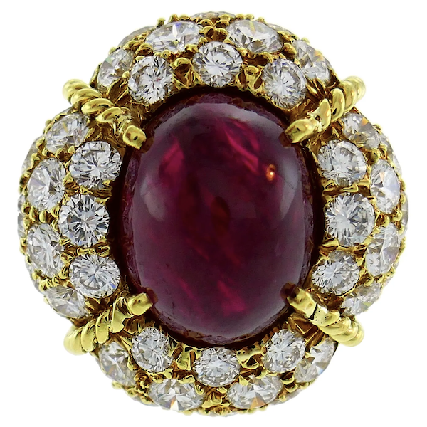 Van Cleef & Arpels cocktail ring from 1985, centered on an 8.86-carat natural Burmese ruby, estimated at $62,000-$74,000