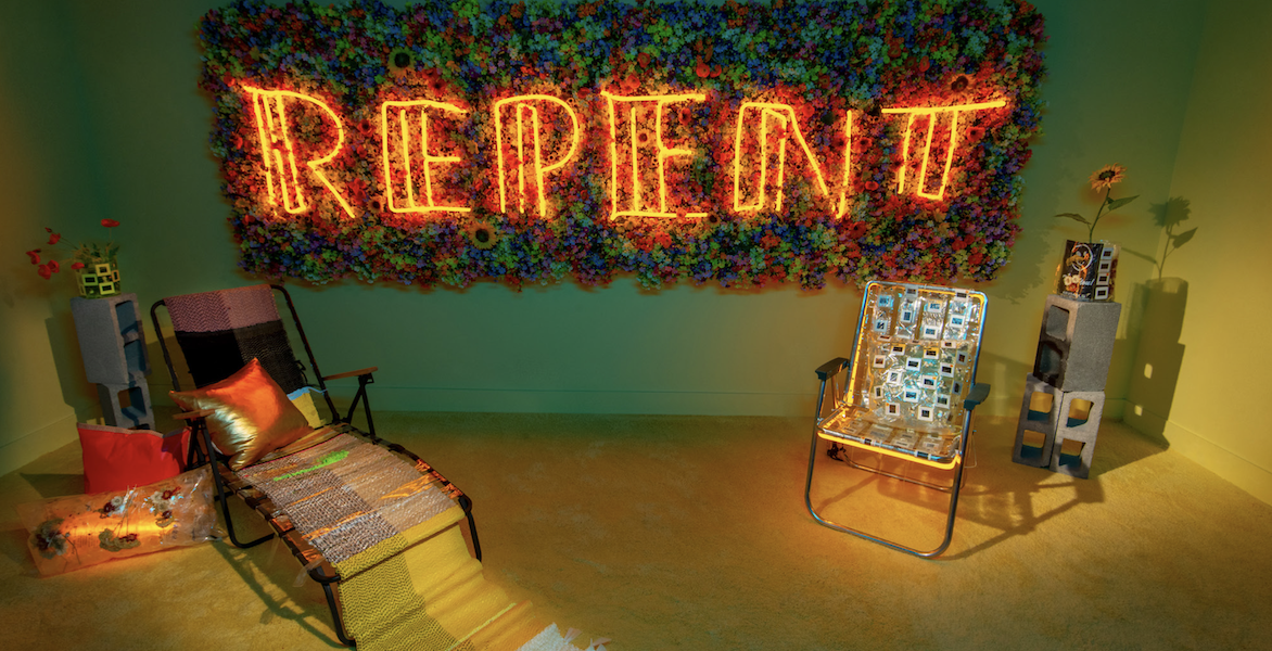 Meryl Pataky (American, b. 1983-) with textile collaboration by Allie Felton. ‘A Modern Guilt,’ (installation view), 2020. Neon and mixed media; dimensions variable. Courtesy of artist. Photo by Deb Leal.