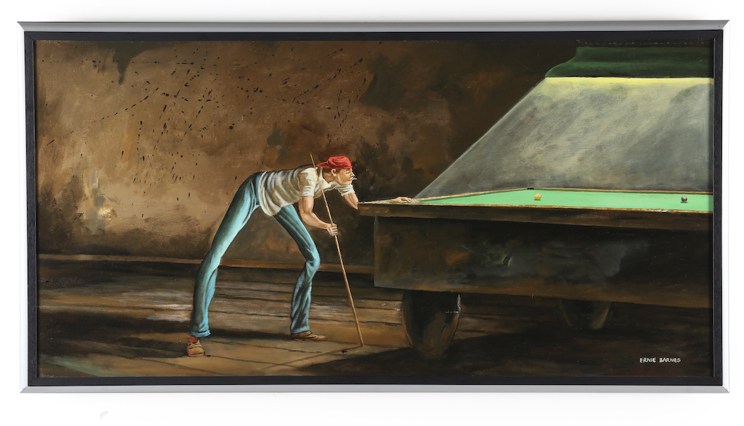 Ernie Barnes, ‘Pool Hall Sharpie,’ estimated at $60,000-$90,000. Image courtesy of Leland Little Auctions