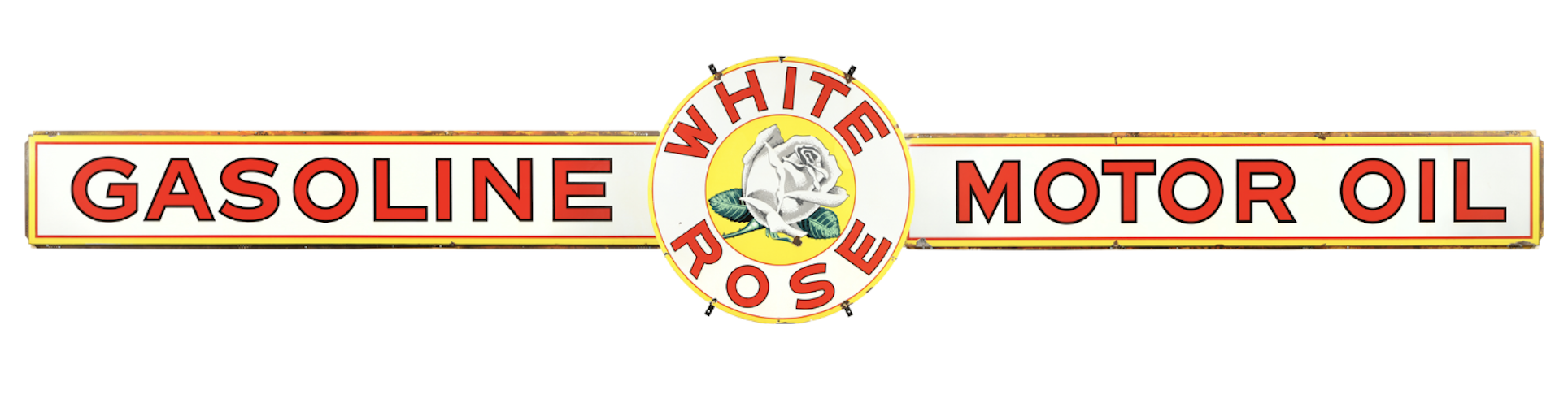 Canadian 1940s White Rose Gasoline three-piece single-sided porcelain banner sign, estimated at CA$9,000-$12,000