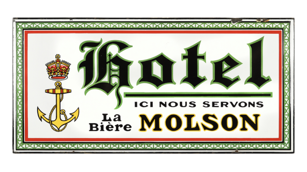 1930s French Canadian single-sided porcelain sign for Molson’s Beer, described as a ‘hotel sign’ with script in French that translates to ‘Here we serve Molson’s Beer,’ estimated at CA$6,000-$9,000