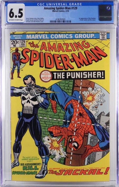 Copy of Marvel Comics Amazing Spider-Man #129 (Feb. 1974), featuring the first appearance of the Punisher and the Jackal, graded CGC 6.5, estimated at $1,000-$1,500