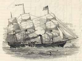 Illustration of the SS Savannah, the first steam-powered ship to cross the Atlantic Ocean, originally published in a February 1877 issue of ‘Harper’s New Monthly Magazine.’ A piece of flotsam that washed up in New York off Fire Island after Tropical Storm Ian might be a piece of the famed ship, which ran aground and broke apart in 1821. Image courtesy of Wikimedia Commons, which regards it as being in the public domain in the United States because it was published or registered with the U.S. Copyright office before January 1, 1928.