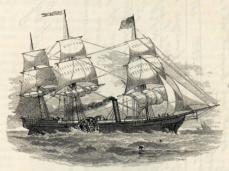 Illustration of the SS Savannah, the first steam-powered ship to cross the Atlantic Ocean, originally published in a February 1877 issue of ‘Harper’s New Monthly Magazine.’ A piece of flotsam that washed up in New York off Fire Island after Tropical Storm Ian might be a piece of the famed ship, which ran aground and broke apart in 1821. Image courtesy of Wikimedia Commons, which regards it as being in the public domain in the United States because it was published or registered with the U.S. Copyright office before January 1, 1928.