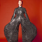 Striped bodysuit for Aladdin Sane tour, 1973. Design by Kansai Yamamoto. Photograph by Masayoshi Sukita. © Sukita and the David Bowie Archive