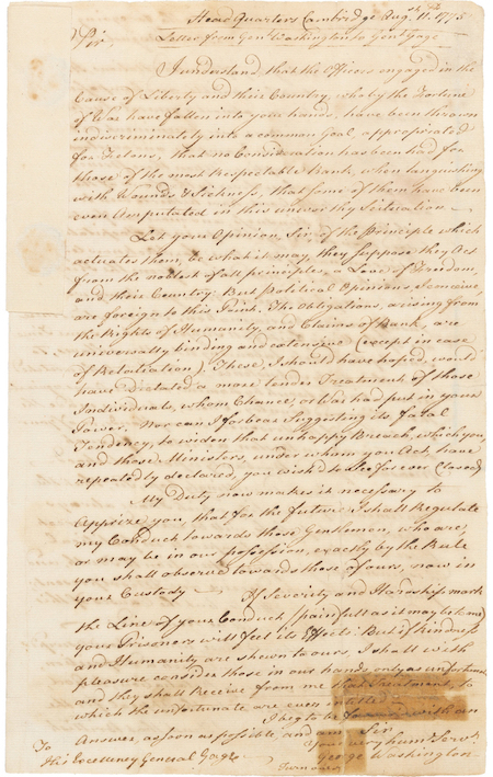 Trio of Revolutionary War-era fair copy letters, in the hand of John Hancock, between Generals George Washington and Thomas Gage on the topic of treatment of prisoners, estimated at $24,000-$36,000. Image courtesy of Heritage Auctions