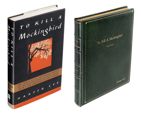 Left, a 35th-anniversary copy of ‘To Kill a Mockingbird,’ inscribed to Gregory and Veronique Peck by author Harper Lee, estimated at $1,550-$2,000; Right, Peck’s script for the 1962 film ‘To Kill a Mockingbird,’ estimated at $8,000-$16,000. Images courtesy of Heritage Auctions