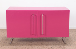 Two-door lacquered cabinet in pink, labeled Capellini, estimated at $400-$600