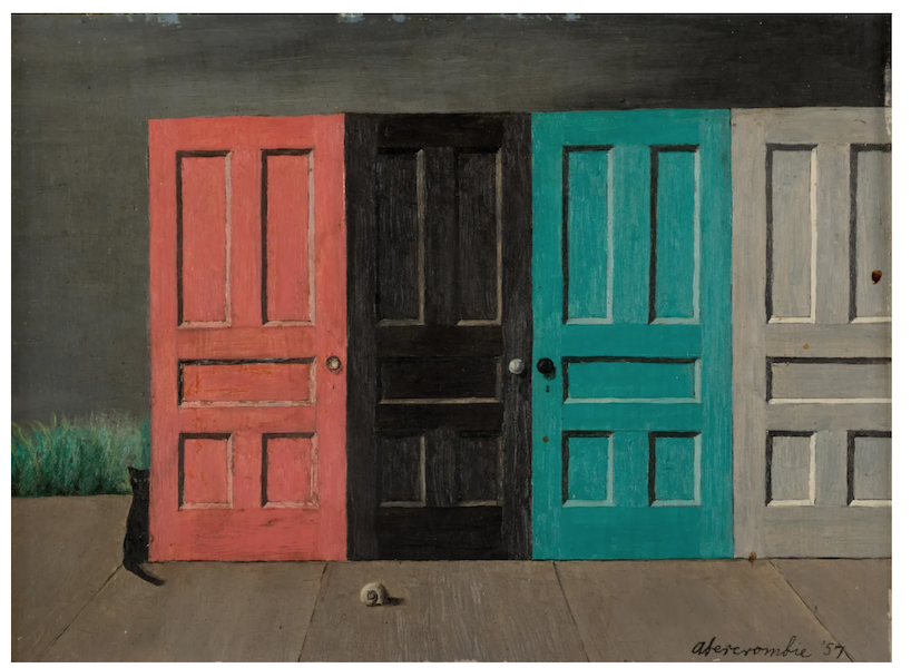 This 1957 Gertrude Abercrombie painting of four colorful doors and a black cat combines two of her frequent motifs. Measuring six by eight inches, it brought $110,000 plus the buyer’s premium in September 2022. Image courtesy of Hindman and LiveAuctioneers.