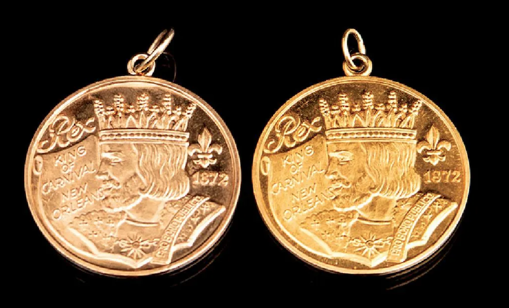Two Mardi Gras Rex gold doubloons from 1970 and 1971 brought $800 plus the buyer’s premium in April 2019. Image courtesy of Neal Auction Company and LiveAuctioneers.