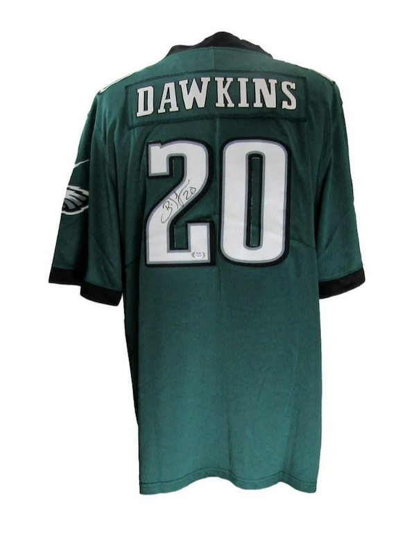 An autographed Brian Dawkins Philadelphia Eagles football jersey made $360 plus the buyer’s premium in January 2023. Image courtesy of Mynt Auctions and LiveAuctioneers.