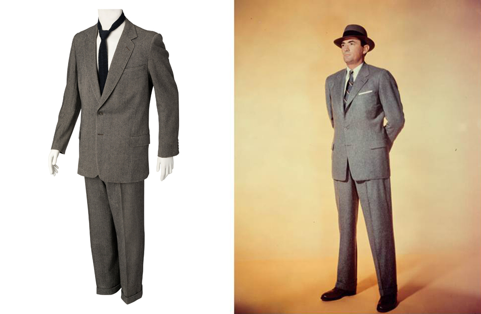 Left, an H. Huntsman & Sons suit Gregory Peck wore in ‘The Man in the Gray Flannel Suit,’ estimated at $6,000-$8,000; Right, period photo of Peck in costume. Images courtesy of Heritage Auctions