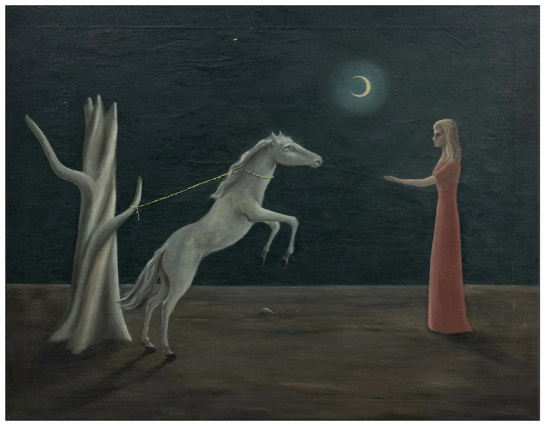 This 1947 Gertrude Abercrombie painting of a woman holding a tethered horse with a twisted tree nearby under a moonlit sky set an auction record for the artist. It earned $350,000 plus the buyer’s premium in December 2022. Image courtesy of Hindman and LiveAuctioneers.