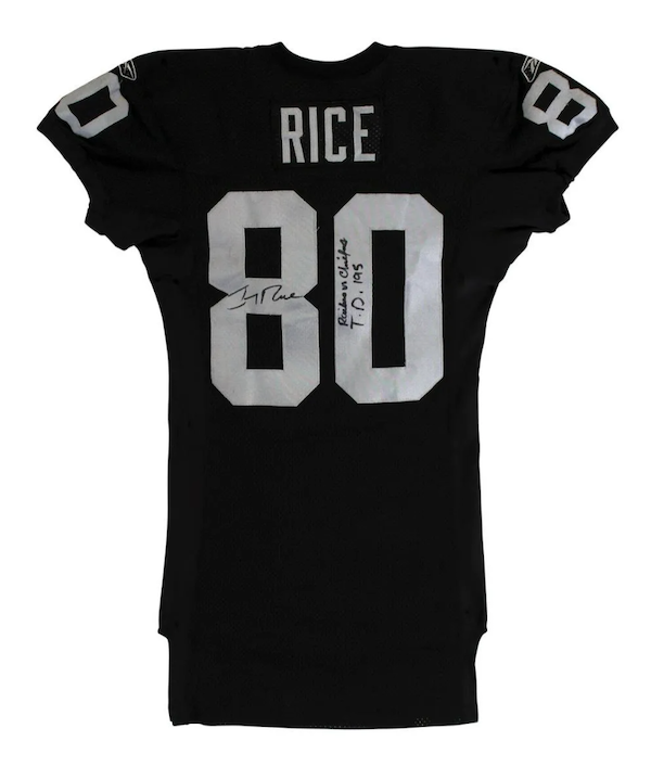 This photomatched Oakland Raiders Jerry Rice-signed 2001 game-used jersey realized $15,000 plus the buyer’s premium in January 2023. Image courtesy of Mynt Auctions and LiveAuctioneers.