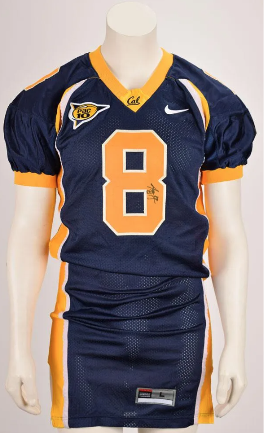 An Aaron Rodgers-signed game-used California Golden Bears college football jersey brought $17,126 plus the buyer’s premium in November 2019. Image courtesy of RR Auction and LiveAuctioneers.