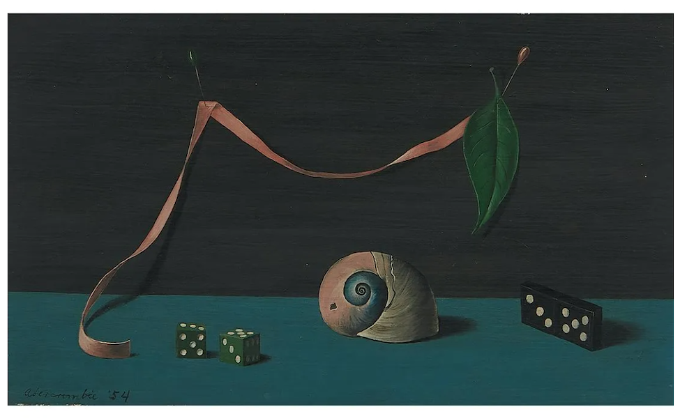 Gertrude Abercrombie’s 1954 still life ‘Leaf, Ribbon, Domino, Dice, Shell, Pieces of Eight’ made $150,000 plus the buyer’s premium in February 2022. Image courtesy of Toomey & Co. Auctioneers and LiveAuctioneers.