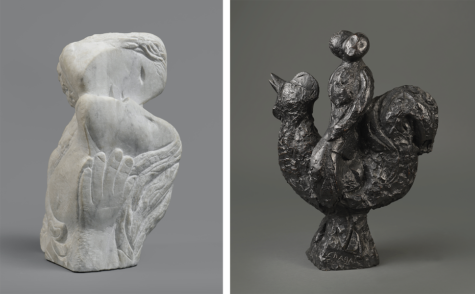Marc Chagall, in collaboration with Lanfranco Lisarelli, ‘Two Heads in One Hand’ or ‘Two Heads, One Hand,’ circa 1952-1953, Carrara marble, 40 by 24.5 by 21cm, private collection. © Fabrice Gousset / ADAGP, Paris, 2023 / ‘The Rooster’, 1958-1959, bronze, 56 by 42 by 18.5cm, private collection. © Fabrice Gousset / ADAGP, Paris, 2023.
