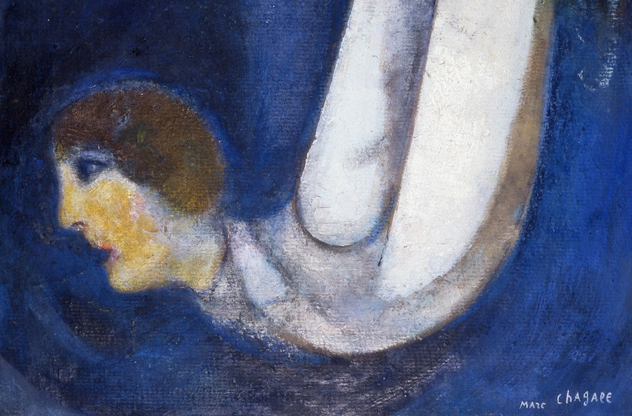 Marc Chagall, ‘Man with his Head thrown back (detail);’ 1919, oil on cardboard mounted on wood, 54 by 47cm, private collection. © Marc and Ida Chagall Archives, Paris / ADAGP, Paris, 2023.