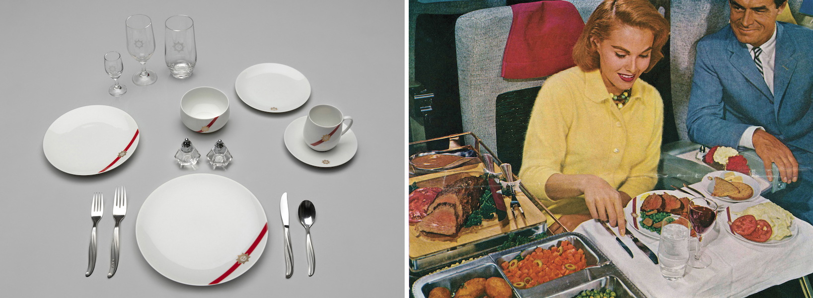 Left, TWA (Trans World Airlines) Royal Ambassador first-class meal service set, 1960s–mid-1970s. Rosenthal China, Germany; International Silver Co., Meriden, Connecticut, ceramic, glass, metal. Collection of SFO Museum. Plates, bowl, fork, knife, and spoon: gift of TWA Clipped Wings International. Cordial and wine glass: gift of Linda DeVoe. Salt and pepper shakers: gift of Shari Braun. Fork: gift of Shirley A. Rohe2001.027.001, .003 a b, .012, 2002.113.220, .222, .223, 225, .226, .229, 2007.094.002, .010, 2018.118.047 a b, 2020.044.038, L2022.1101.001–.014; Right, TWA ‘Skyliner’ magazine, June 22, 1961, paper, ink. The State Historical Society of Missouri, Digital Collections, R2022.1105.001 