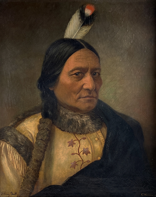 Caroline Weldon (Swiss/American, 1844-1921), oil-on-canvas portrait of Lakota Sioux leader Sitting Bull (1831-1890), painted from life in 1890. Artist-signed and dated LR, identified at LL corner as ‘Sitting Bull.’ Size: 27 x 22in (sight), 35½ x 30½ in (framed). Provenance: Railroad engineer William Lafayette Darling, thence by descent to consignor. Estimate $40,000-$80,000