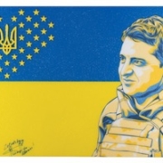 Oleg Jones’s 2022 painting of Ukrainian President Volodymyr Zelenskyy, signed by both Jones and Zelenskyy, is being auctioned with the proceeds going to Ukrainian relief efforts. Image courtesy of RR Auction