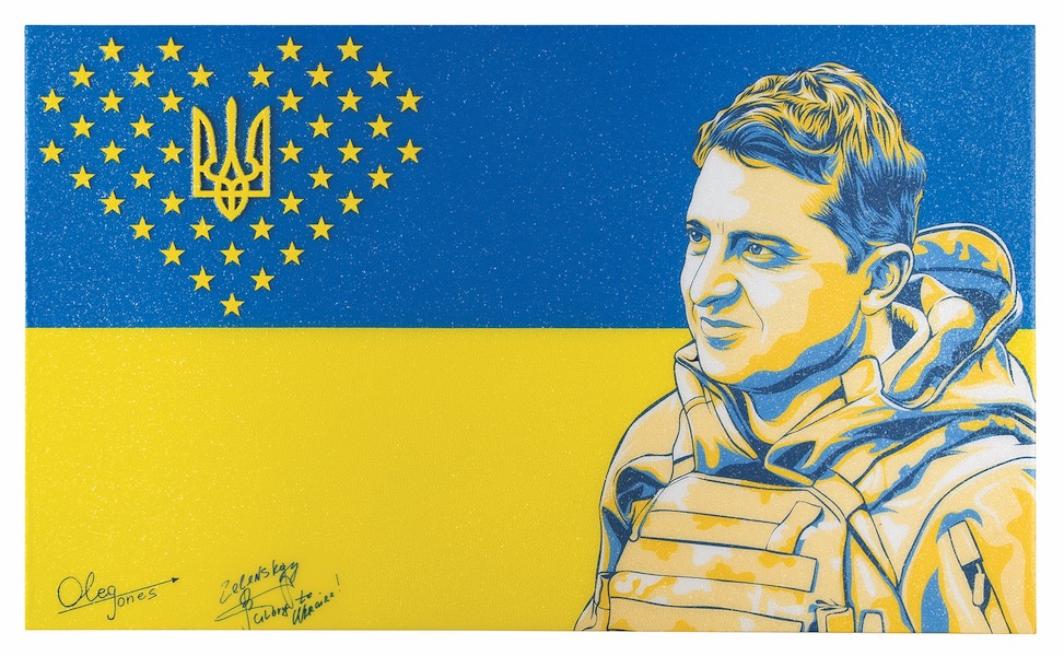 Oleg Jones’s 2022 painting of Ukrainian President Volodymyr Zelenskyy, signed by both Jones and Zelenskyy, is being auctioned with the proceeds going to Ukrainian relief efforts. Image courtesy of RR Auction