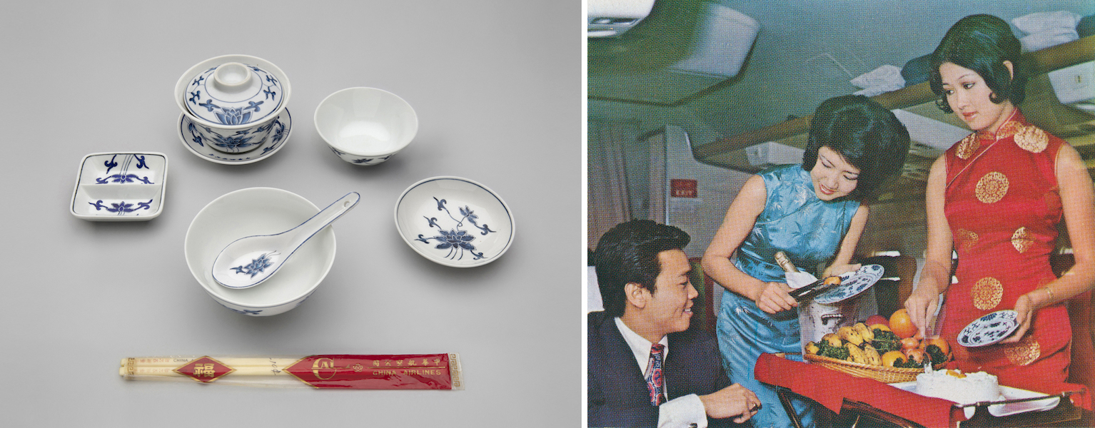 Left, China Airlines Blue Lotus Asian meal service set, 1970s, ceramic, wood, plastic. Sauce dish, soup spoon and chop sticks: gift of Thomas G. Dragges. Rice bowl, condiment dish and saucer: gift of Masako Matsuo. 2002.018.396, .399, .400, .403, .408, 2002.035.859 a b, 2012.061.096–.098 L2022.1101.119, .121–.124, .126–.128, .137; Right, China Airlines first-class meal service promotional clipping, 1970s, paper, ink. Courtesy of Vincent Ma, R2022.1102.001.01