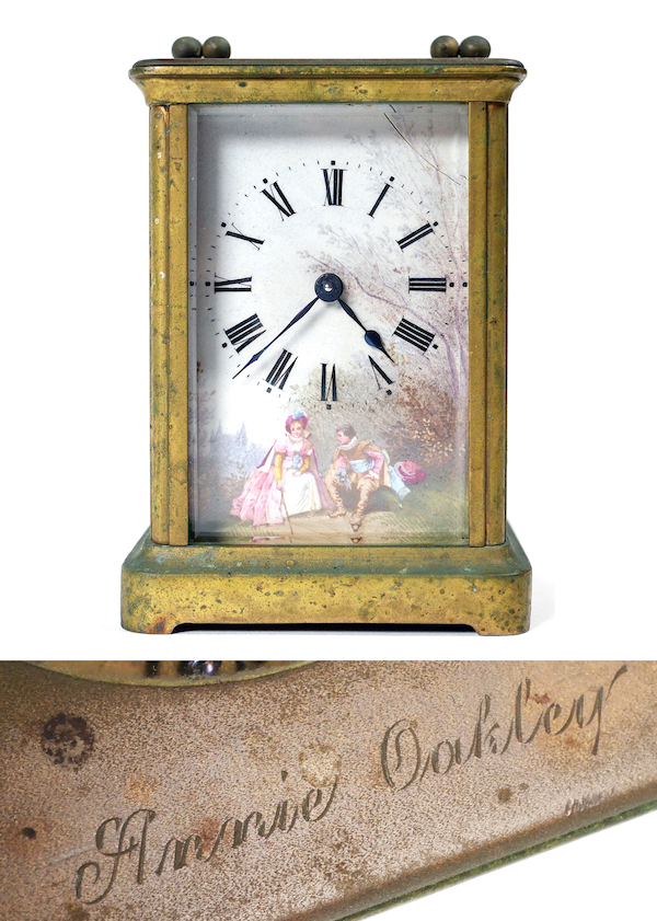 French carriage clock gifted to Annie Oakley for her birthday during the 1887 American Exposition in London. Engraved ‘Annie Oakley’ on top. An Oakley biography references the clock as being one of dozens of gifts she received at the event from members of European royalty. According to family history, the clock was with Oakley during the 1901 train disaster in which she was badly injured. Provenance: direct descendent of Oakley’s half-sister Emeline Patterson. Estimate $10,000-$20,000
