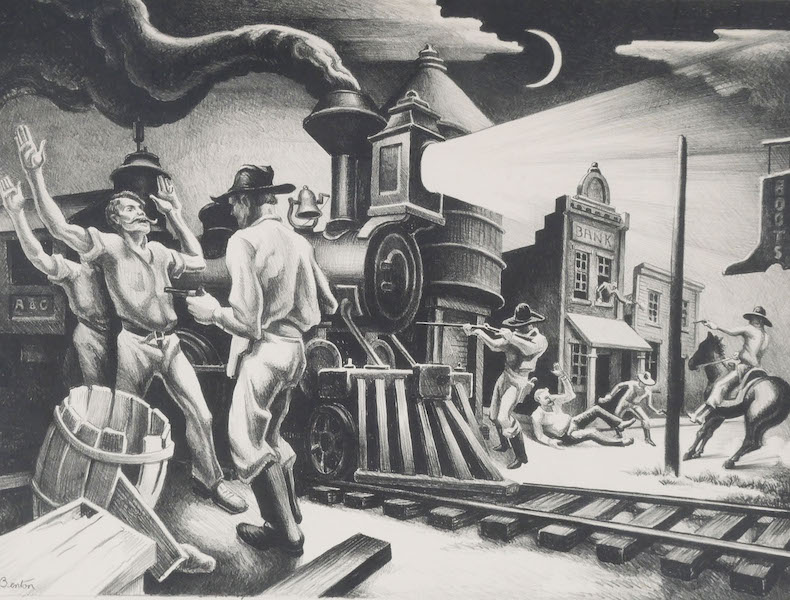 Thomas Hart Benton (American, 1889-1975) lithograph of Jesse James, artist-signed in pencil, 16 x 21½in (sight), 24½ x 28¾ in (framed). One of two different Old West-themed Benton lithographs in the sale, each sourced from a section of a Missouri State Capitol mural the artist painted in 1936. Estimate $10,000-$20,000