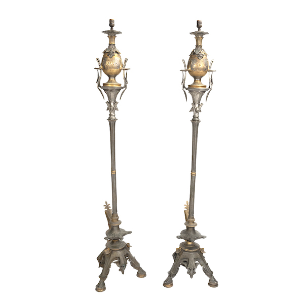 Two Etruscan Revival bronze floor lamps, $7,995