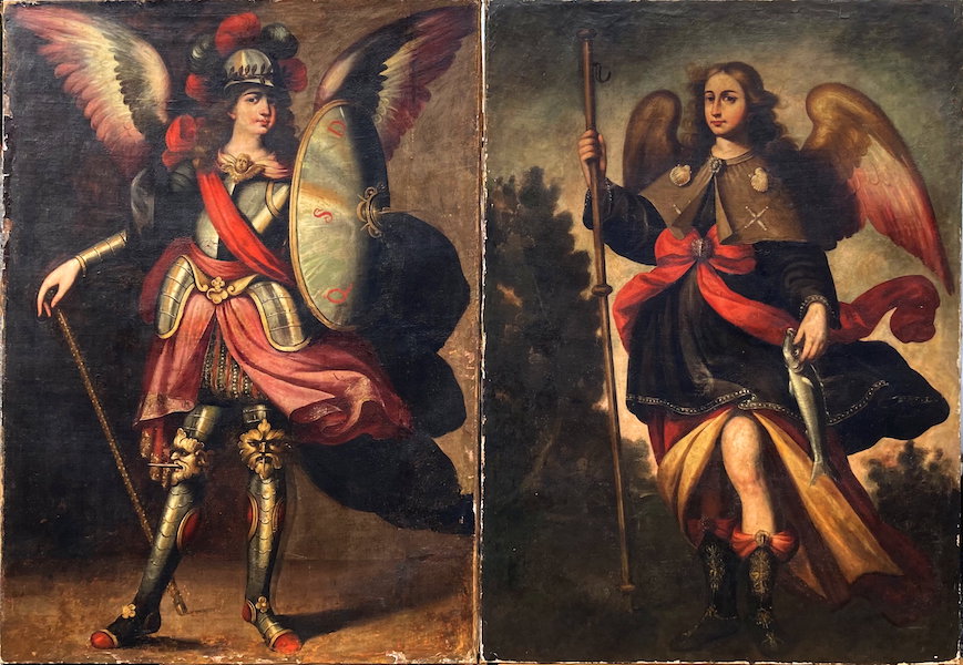 Large pair of Continental paintings of archangels, together estimated at $50-$5,000