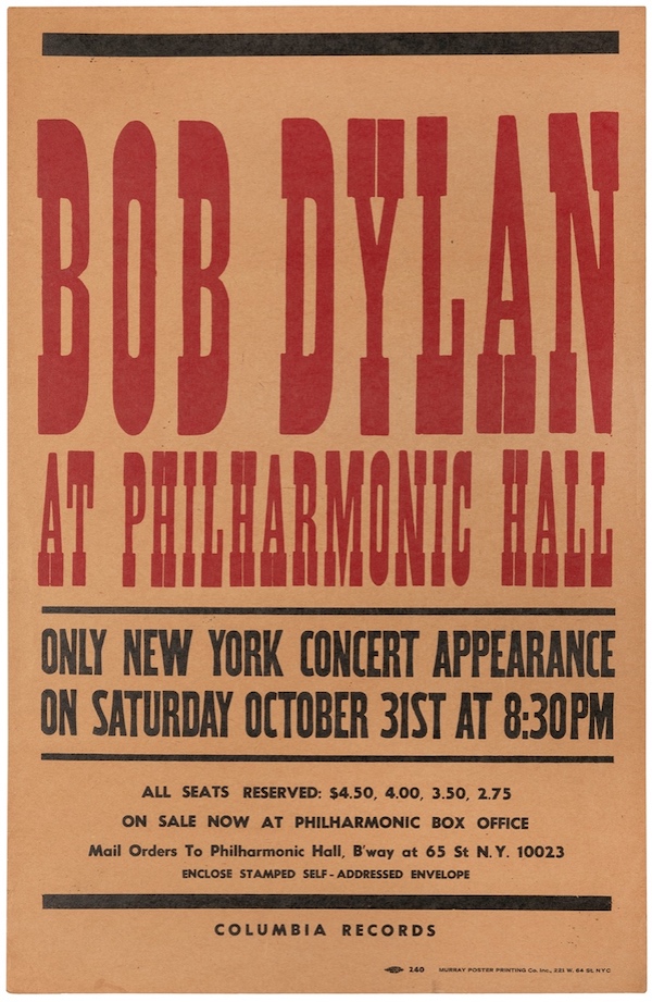 Original concert poster for Bob Dylan appearing at Philharmonic Hall in New York, estimated at $7,000-$10,000
