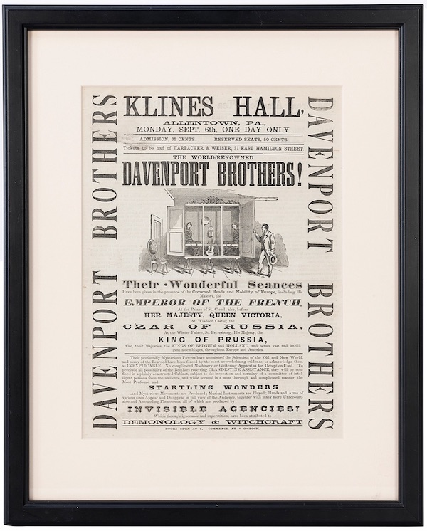 Circa-1869 broadside or handbill adverting the Davenport Brothers, $11,875