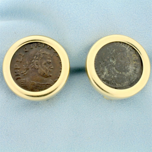 Bronze coins of the Roman Empire are often featured in jewelry such as this 14K gold set of earrings that incorporates a Roman bronze As coin from the 3rd or 4th century. The earrings brought $325 plus the buyer’s premium in December 2022. Image courtesy of Eric’s Estate and Jewelry and LiveAuctioneers