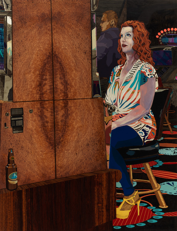 Alison Elizabeth Taylor, ‘Jolene,’ 2019. Marquetry hybrid: wood veneer, oil, acrylic and shellac, 58 by 44 1/2in. Addison Gallery of American Art, Phillips Academy, Andover, Mass., museum purchase in honor of Judith F. Dolkart, 2020.64. Courtesy Alison Elizabeth Taylor and James Cohan Gallery, NY 