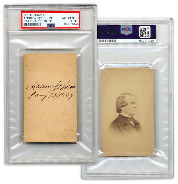 Period carte de visite image of President Andrew Johnson, signed and inscribed by him, estimated at $3,000-$4,000
