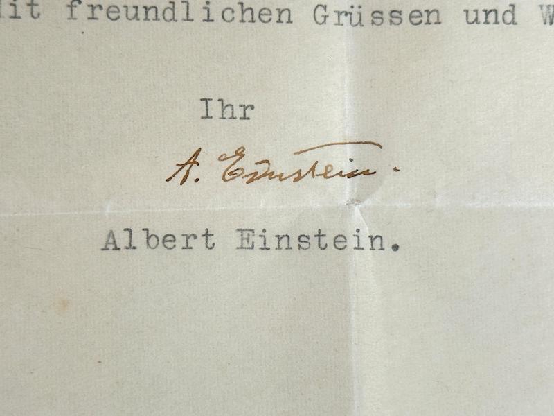 Detail from two-page typed 1950 letter in German, signed by Albert Einstein, $10,455