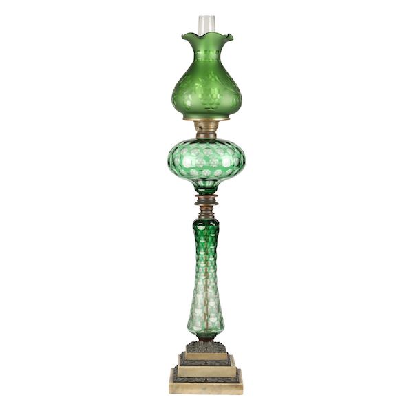 Green cut overlay kerosene stand lamp, estimated at CA$9,000-$12,000