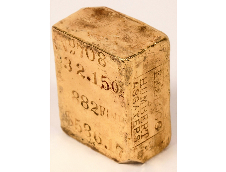 32.15-ounce Kellogg & Humbert assayer’s California Gold Rush gold ingot, recovered from the 1857 sinking of the S.S. Central America, $138,000. Image courtesy of Holabird Western Americana Collections