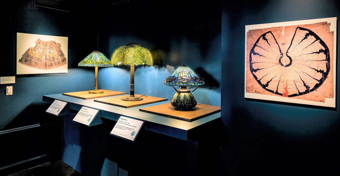 Tiffany lamps on display. Private collection. Location: Museum of Botany & the Arts. Image courtesy of Marie Selby Botanical Gardens, Photo Credit: Cliff Roles Photography